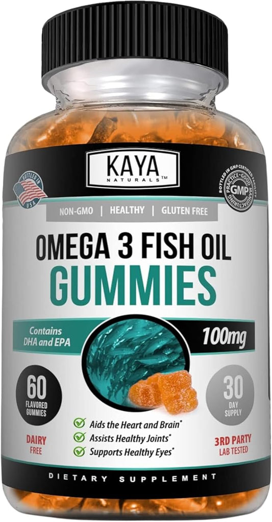 Kaya Naturals Omega 3 Fish Oil Gummies -Fish Oil Supplement with EPA & DHA Fatty Acids - Helps Support Brain, Eye, Heart Health & Immune Support - Non-GMO - 60 Count