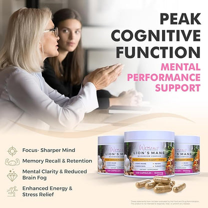Women's PureBalance Lion's Mane Mushroom Supplement Capsules with Reishi, Cordyceps, Turkey Tail – Brain Nootropic for Memory, Focus, Natural Energy, & Immune Support, Non-GMO (120 Capsules)
