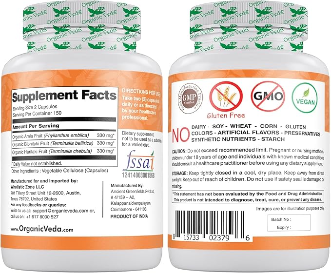 Organic Veda Triphala Powder 300 Capsules, 1000mg - Organic Triphala Supplement for Colon Cleanse, Immune, Gut & Digestion Health - Whole Green Antioxidants Amla, Haritaki & Bibhitaki - Vegan Pills