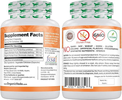 Organic Veda Triphala Powder 300 Capsules, 1000mg - Organic Triphala Supplement for Colon Cleanse, Immune, Gut & Digestion Health - Whole Green Antioxidants Amla, Haritaki & Bibhitaki - Vegan Pills