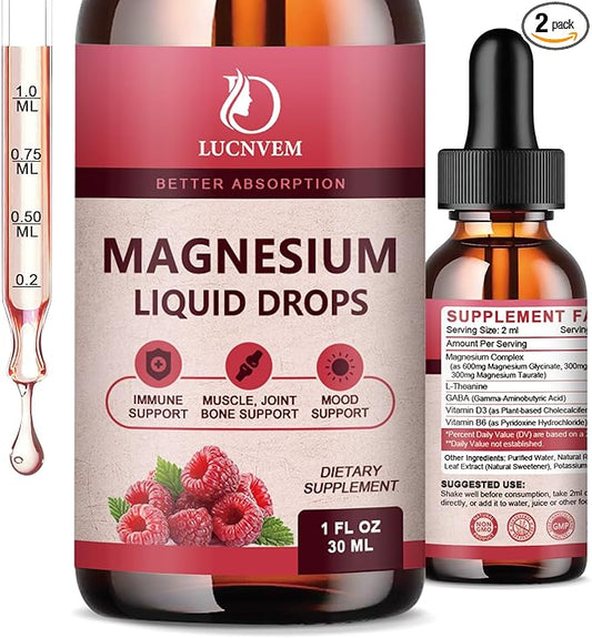 90% Absorption Magnesium Glycinate Liquid Drops with Citrate and Taurate, Magnesium Complex 1200mg with GABA, L-theanine, D3 and B6 for Calm, Sleep, Relaxation - Raspberry Flavor 1 Fl Oz (Pack of 2)