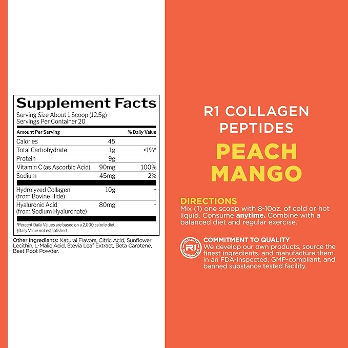 Rule 1 Collagen Peptides Powder - Hydrolyzed Bovine Collagen, Hyaluronic Acid, and Vitamin C. Supports Hair, Skin, & Nails (20 Servings, Peach Mango)