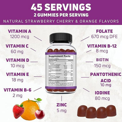 Vegetarian Gummy Multivitamin for Women & Men - Daily Men & Womens Multivitamin with Vitamins: A C D E B6 B12, Biotin & Zinc - Complete Vitamin Formula - 90 Count