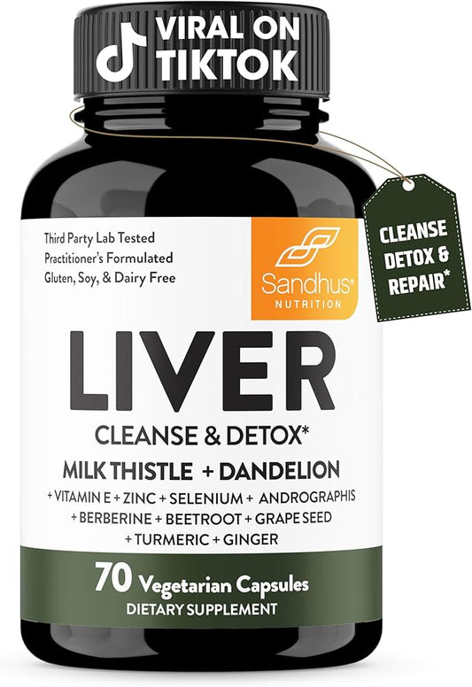 Sandhu's Liver Cleanse Detox & Repair Support | Supplement for Liver Health and Renew | 70 Veg Capsules | Milk Thistle Dandelion Root Andrographis with 8 Herbal Minerals for Men & Women