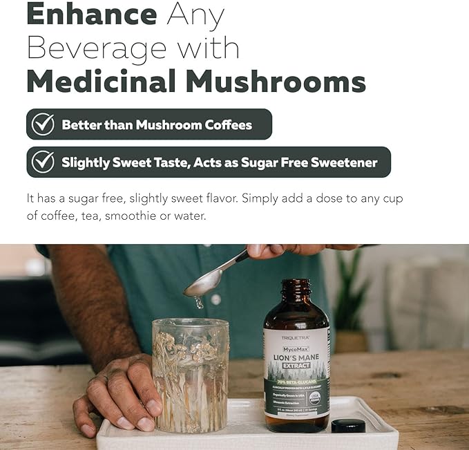 MycoMax Lions Mane Extract - 70% Beta Glucans, Max Potency Organic Lions Mane Supplement, US Grown + Ultrasonic Extraction - 500 mg per serving - Mental Clarity, Focus and Memory - 8 oz.
