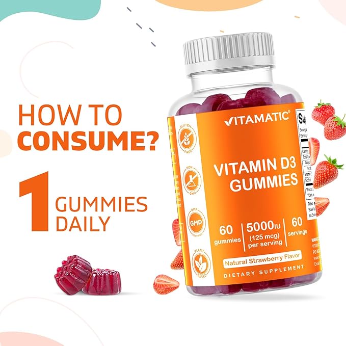 Vitamatic Vitamin D3 Gummies – 5000 IU Per Gummy | 60 Gummies per Bottle | Pack of 2 (Total 120 Count) Great Taste | Supports Bone, Teeth, Mood, Joint & Immune Health