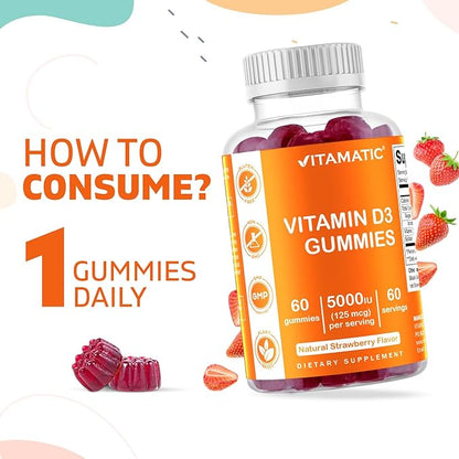 Vitamatic Vitamin D3 Gummies – 5000 IU Per Gummy | 60 Gummies per Bottle | Pack of 2 (Total 120 Count) Great Taste | Supports Bone, Teeth, Mood, Joint & Immune Health