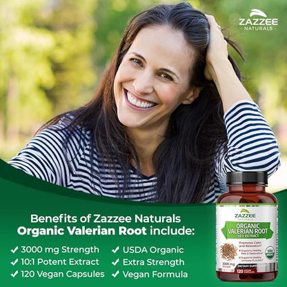 Zazzee USDA Organic Valerian Root 10:1 Extract, 3000 mg Strength, 120 Vegan Capsules, 4 Month Supply, Valeriana officinalis, 10X Potency, 100% Vegetarian, All-Natural, Non-GMO, Made in The USA