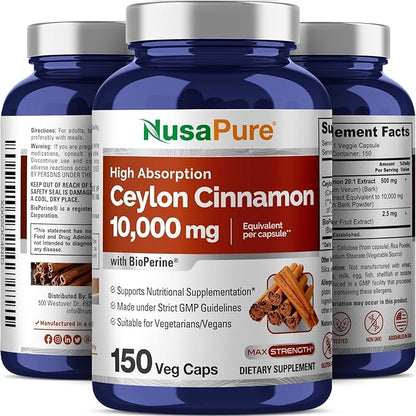 NusaPure Ceylon Cinnamon 10,000mg Per Caps | 150 Veggie Capsules | Non-GMO, Vegan with Bioperine
