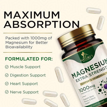 Magnesium Supplement (Citrate Oxide) 1000mg for Best Absorption, Supports Bone, Heart Health, Nerves, Muscles & Metabolism, Nature's Pure Magnesio Vitamin Pills, Bottled in USA, 120 Capsules