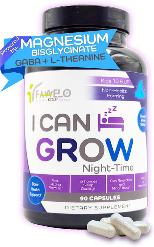 I Can Grow Night-Time Sleep Support for Kids 10+ & Teens | Magnesium Bisglycinate + GABA + L-Theanine | Non-Habit Forming | No Melatonin | Natural Calm & Recovery Formula | Vitaminas para Niños