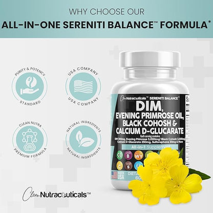 Clean Nutraceuticals DIM Evening Primrose Black Cohosh Calcium D-Glucarate Sulforaphane Flax Seed Extract - Hormonal Support Vitamins for Women with Dong Quai - 60 Caps
