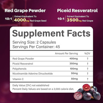 Piceid Resveratrol Supplement and NAD+ Cell Regenerator, Nitric Oxide Supplement, Support Heart Health, Blood Flow, Cellular Energy Production & Metabolism, Red Grape Powder, 45 Day Supply