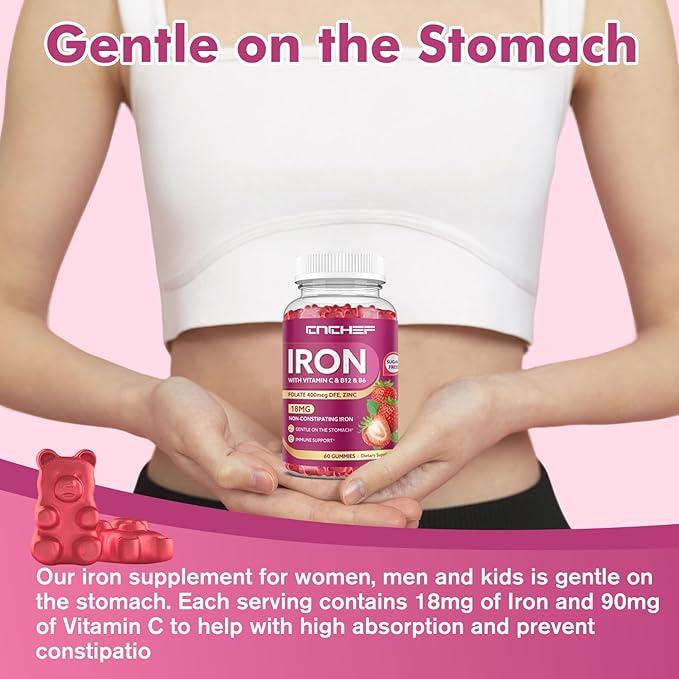Iron Supplement for Women & Men Gummies, Multivitamin Blood Builder Iron Supplement with Folate Vitamin C B12 B6 Zinc for Adults & Kids - Energy Support - Strawberry Flavor, Vegan 60 Gummies