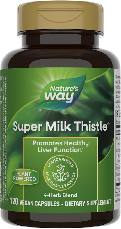Nature's Way Super Milk Thistle, Promotes Healthy Liver Function*, With Artichoke Leaf, Dandelion Root & Licorice Root Extracts, Milk Thistle Extract, Gluten Free, 120 Capsules (Packaging May Vary)