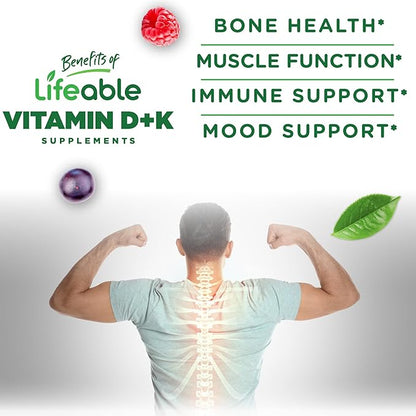 Lifeable Vitamin D3 K2 Gummies for Adults | 1000iu D3 and K2 100mcg | Great Tasting D3 and K2 Supplements | for Bone Health and Immunity | VIT D3 K2 for Adults, Men, and Women | 60 Gummies