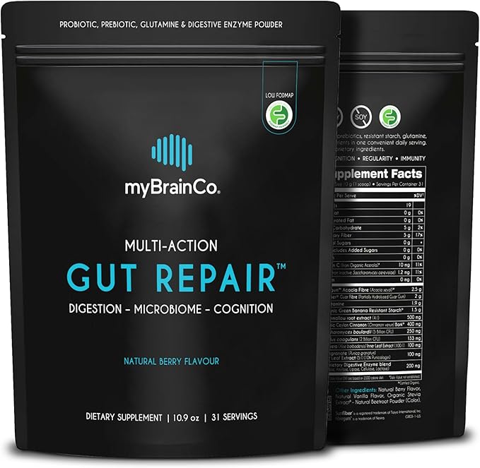 myBrainCo Gut Repair - Gut Health & Digestion Supplement for IBS, Bloating, Reflux & Leaky Gut - Low-FODMAP Certified with Probiotics, Prebiotic Fibre, Digestive Enzymes, Glutamine, Marshmallow (310g)