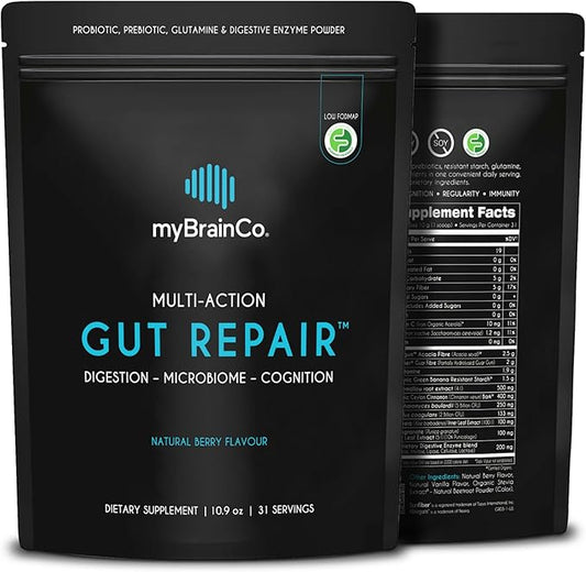 myBrainCo Gut Repair - Gut Health & Digestion Supplement for IBS, Bloating, Reflux & Leaky Gut - Low-FODMAP Certified with Probiotics, Prebiotic Fibre, Digestive Enzymes, Glutamine, Marshmallow (310g)