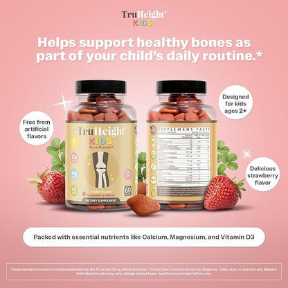 TruHeight Kids Bone Growth Gummies (Strawberry, Ages 2+) All Natural Kids & Toddler Vitamins - Vitamin D, Calcium, K2, Magnesium Multivitamin - Natural Growth & Development, Builds Strong Bones, Vegan