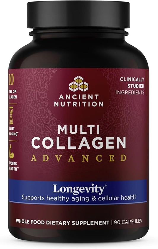 Ancient Nutrition Multi Collagen Advanced Longevity with Probiotics, Hydrolyzed Collagen Peptides Promotes Healthy Aging and Cellular Energy, 90 Count
