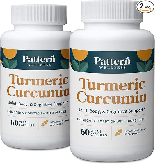 Pattern Wellness Turmeric Curcumin - 1300mg - 95% Curcuminoids with Bioperine Black Pepper Extract - Natural Joint, Health & Cognitive Support - Non-GMO, Gluten Free - 120 Capsules