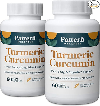 Pattern Wellness Turmeric Curcumin - 1300mg - 95% Curcuminoids with Bioperine Black Pepper Extract - Natural Joint, Health & Cognitive Support - Non-GMO, Gluten Free - 120 Capsules