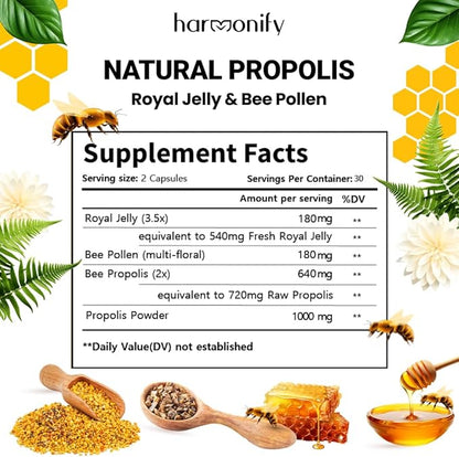 Bee Pollen Propolis Royal Jelly Extract with Carob, Pure Immune Support Supplement, Gluten-Free, Vegetarian Capsules, 1000 mg