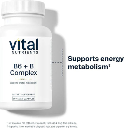 Vital Nutrients Vitamin B6 + B Complex | Vegan Methylated B Vitamins for Energy, Metabolism, Heart Health* | High-Potency Vitamin B6 for Menstrual Discomfort * | Gluten, Dairy, Soy Free | 60 Capsules