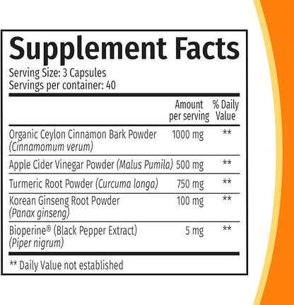 5-in-1 Ceylon Cinnamon Capsules 2355mg - Ceylon Cinnamon and Apple Cider Vinegar Capsules - Turmeric and Panax Ginseng Capsules - Cinnamon Supplements with Bioperine (120ct, Pack of 3)