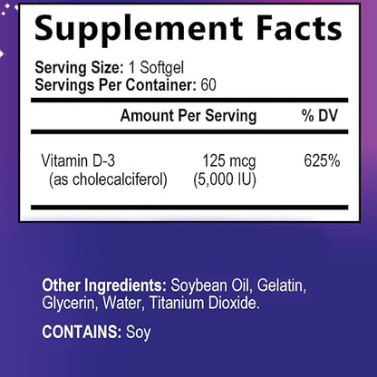 Vitamin D3 High Potency 5000 IU (125 mcg), Bone, Teeth, Muscle & Immune Health Support, Non-GMO, Gluten-Free, 2 Month Supply in Rapid-Release High Absorption Vitamin D, Easy to Swallow, 60 Softgels