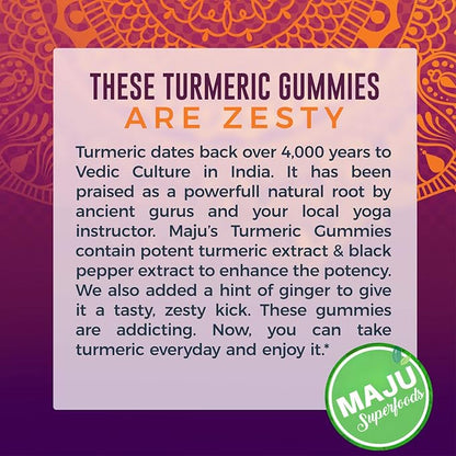 Maju Superfoods Turmeric Curcumin Gummies 60ct, Zingy Ginger Taste, Black Pepper Extract for Enhanced Absorption and Potency, Turmeric Gummies for Adults and Kids