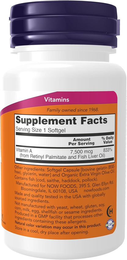 NOW Supplements, Vitamin A (Fish Liver Oil) 25,000 IU, Essential Nutrition, 100 Softgels