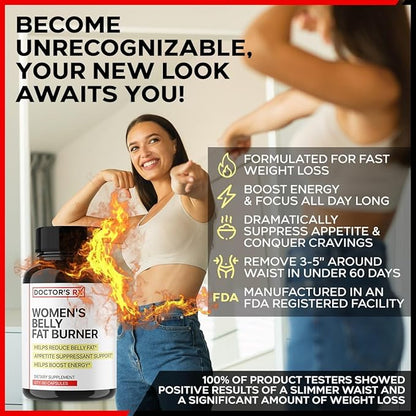 Belly Fat Burner Supplement for Women | Metabolism Booster, Suppress Appetite, Burn Calories | Extra Strength Weight Loss Pills for Women with 8 Strong Ingredients - 60 Servings