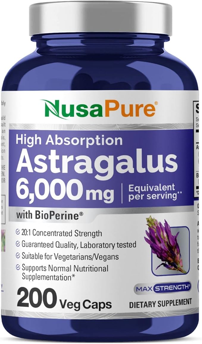 NusaPure Astragalus 20:1 Extract, 300 mg Equivalent to 6,000mg Per Serving, 200 Veggie Capsules, Non-GMO & Bioperine