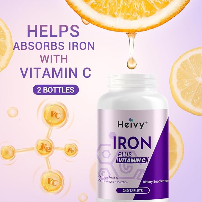 Ferrous Sulfate 325mg (Iron 65mg), High Potency Iron Supplement for Women and Men, Iron Pills with Vitamin C, Non-GMO - 240 Tablets (2 Pack) Made in USA