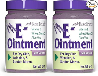 Basic Organics - Vitamin E Ointment - 2 oz - Moisture Enhancing - Can Help Reduce Appearance of Scars, Stretch Marks, Fine Lines & Wrinkles - Pack of 2