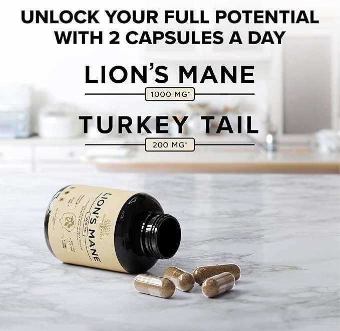 Lions Mane Supplement Capsules with Turkey Tail – Nootropic Brain Fog, Focus, Memory, Nerve Function, & Immune Support Supplement – Non-GMO 1200 Mg Lions Mane Mushroom Supplement, 120 Caps.
