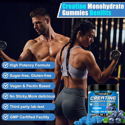 Creatine Monohydrate Gummies 5000g for Men Women, Sugar Free Chewables Creatine Pre-Workout Supplement with L-Taurine + Vitamins for Muscle Strength, Boost Energy & Endurance,120 Gummies-Blueberry