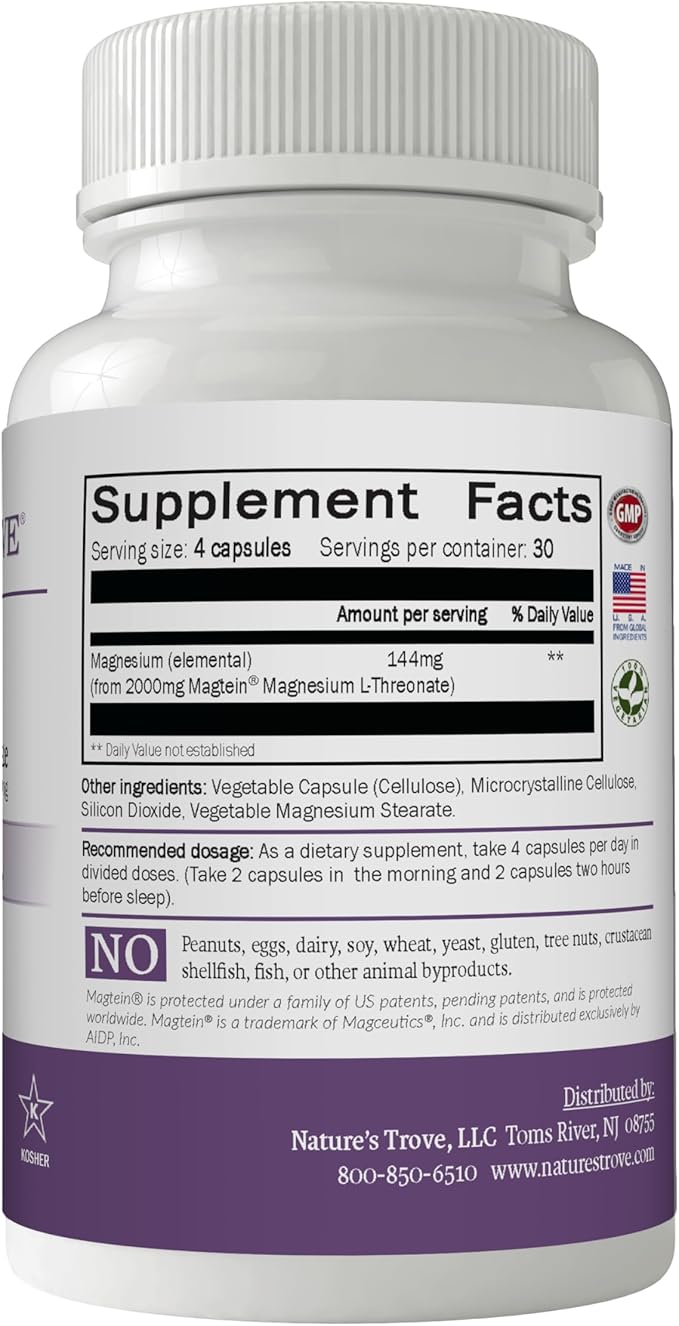 Magtein Magnesium L-Threonate Supplement – 2000 Mg L-Threonate Magnesium Supplement for Sleep, Calm, Memory, & Brain Fog – Non-GMO Magtein – 120 Vegetarian Capsules by Nature's Trove
