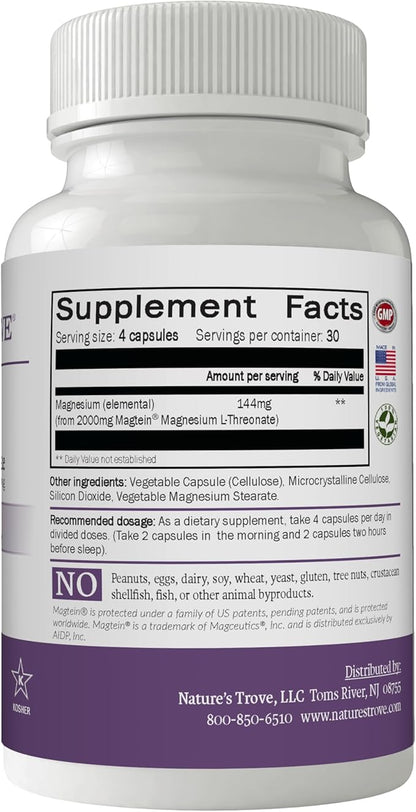 Magtein Magnesium L-Threonate Supplement – 2000 Mg L-Threonate Magnesium Supplement for Sleep, Calm, Memory, & Brain Fog – Non-GMO Magtein – 120 Vegetarian Capsules by Nature's Trove