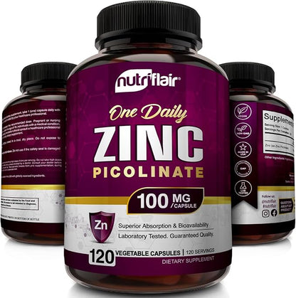 NutriFlair Zinc Picolinate 100mg, 120 Capsules - Vegan, Non-GMO, Made in USA, Third-Party Lab Tested