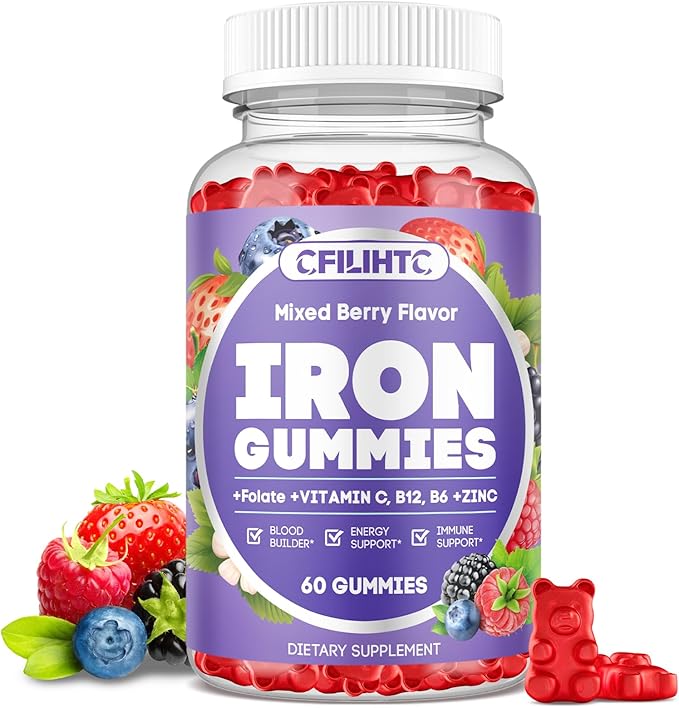 Iron Gummies for Women & Men - Iron Supplement with Vitamin B6, B12, C, Zinc, Folate for Adults & Kids - Support Iron Deficiency, Anemia, Energy Boost, Blood Builder - Sugar Free 60ct Mixed Berry