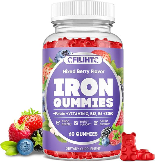 Iron Gummies for Women & Men - Iron Supplement with Vitamin B6, B12, C, Zinc, Folate for Adults & Kids - Support Iron Deficiency, Anemia, Energy Boost, Blood Builder - Sugar Free 60ct Mixed Berry