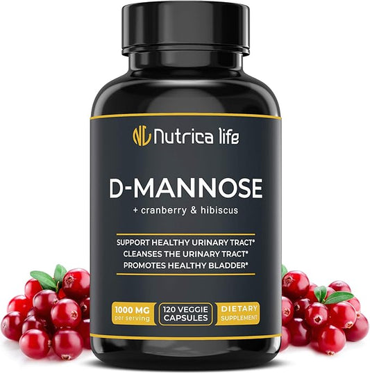 Urinary Tract Infection Treatments D Mannose 1000mg Capsules - Potent D-Mannose & Cranberry Pills with Hibiscus Extract - Strength Urinary Tract Support, Healthy Bladder Control (120 Capsules)