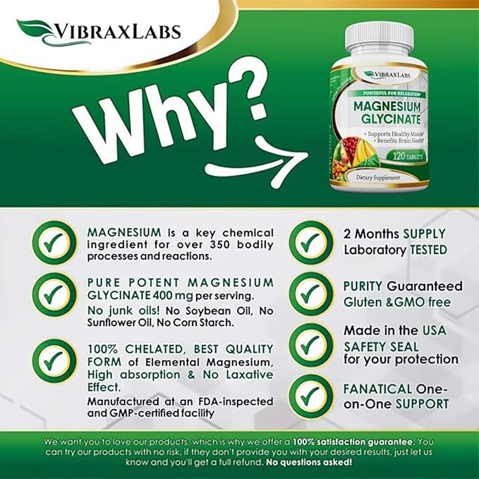 Magnesium Glycinate Supplement, 400mg, for Men & Women, for Stress, Energy, Muscle Cramps, Joint Support, Chelated, High-Absorption, Non-Laxative, Gluten-Free