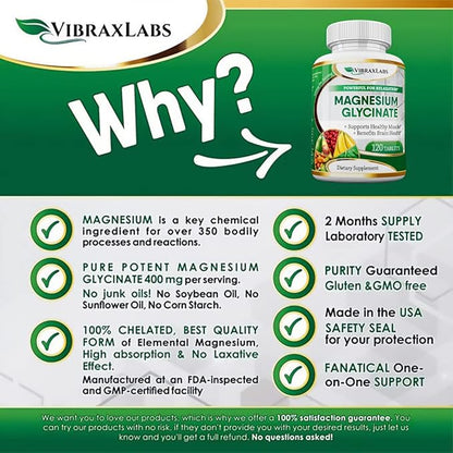Magnesium Glycinate Supplement, 400mg, for Men & Women, for Stress, Energy, Muscle Cramps, Joint Support, Chelated, High-Absorption, Non-Laxative, Gluten-Free