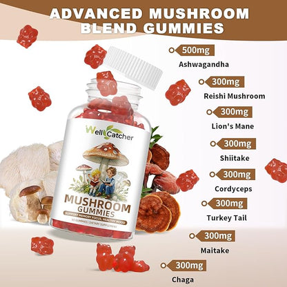 Mushroom Gummies Supplement with Ashwagandha - Lion Mane Mushroom Supplement for Adults Kids with Reishi Cordyceps Brain Supplements for Memory and Focus Organic Vegan Non GMO Mixed Fruit Flavor 60CT