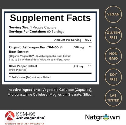 Natgrown Ashwagandha KSM 66 Supplement 600 mg - Stress, Mood, & Athletic Support - Organic KSM66 Root Extract with 5% Withanolides - Vegan Capsules - 60 Count