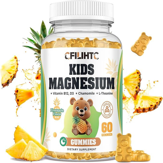 Kids Magnesium Glycinate Gummies with Magnesium Citrate, L-Threonate Supplement for Kids & Adults, with Zinc, Vitamin D3, B12, L-Theanine for Sleep Calm Bone & Muscle Mood, Pineapple 60ct