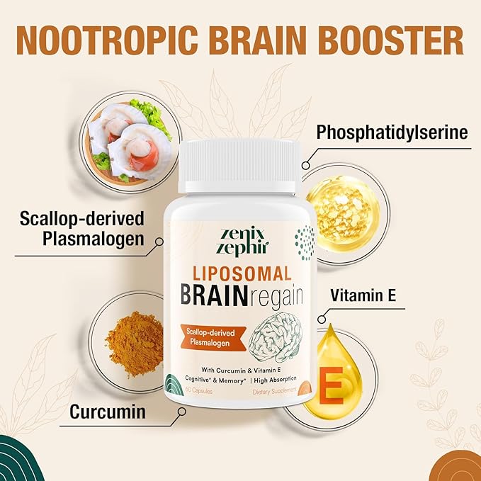 Liposomal Brain Supplements for Memory and Focus - Plasmalogen with Curcumin & Vitamin E for Better Absorption- Suitable for Seniors,Adult Men & Women Cognitive Health,High Potency 120 Servings
